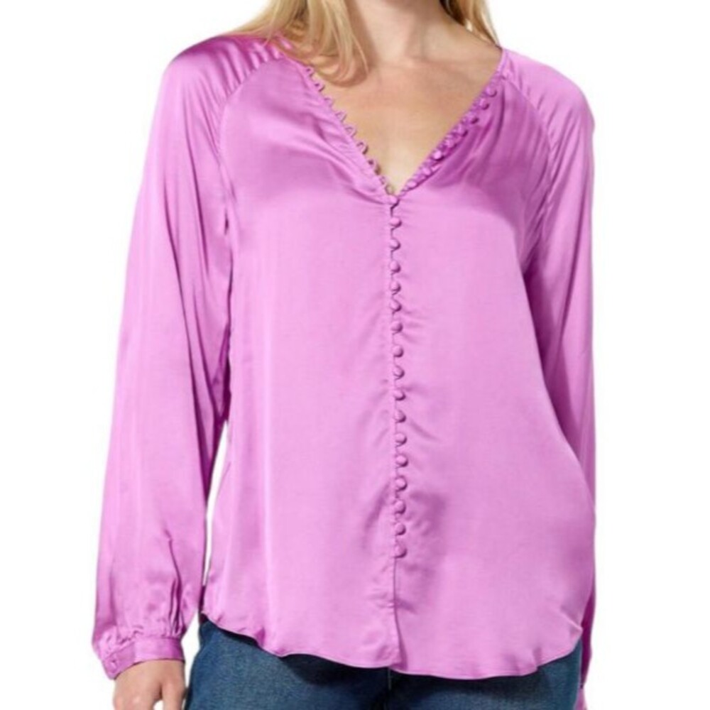 La Joie Violet Satin Button Up Long Sleeve Blouse Plus Size 3X